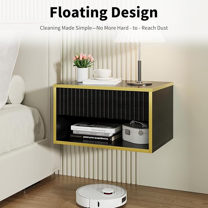 4ever2buy Floating Nightstand, Modern Night Stand with Drawer, Small Bedside Table End Table with Open Shelf Cubby, Wall Mounted Nightstand for Bedroom, Black and Gold - Image 3