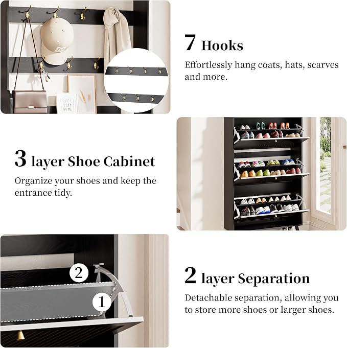Fsbecl Shoe Cabinet for Entryway with 3 Flip Drawers & Coat Rack, Narrow Hidden Shoe Storage Cabinet with Fluted Panel, 2-in-1 Hall Tree Slim Freestanding Shoe Rack Organizer for Hallway, Black - Image 4