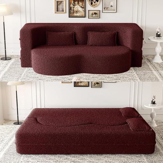 78" Oversized Convertible Folding Sleeper Sofa Bed, Fold Out Floor Lounge Sofa Couch with Curved Design, Cloud Teddy Fleece Upholstered Foldable Mattress Couch Cozy Sofabed for Living Room