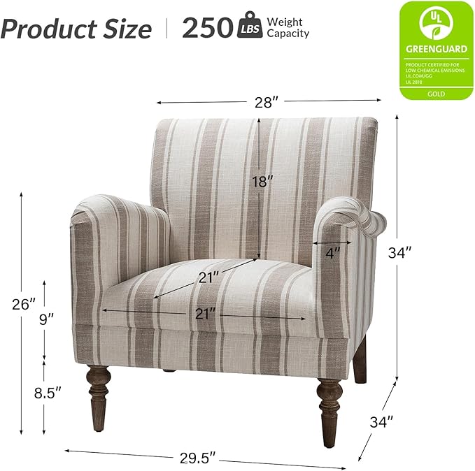 HULALA HOME Modern Accent Chair with Arms and Wooden Legs, Comfy Upholstered Armchair for Living Room, Bedroom (Stripe Pattern, Tan)