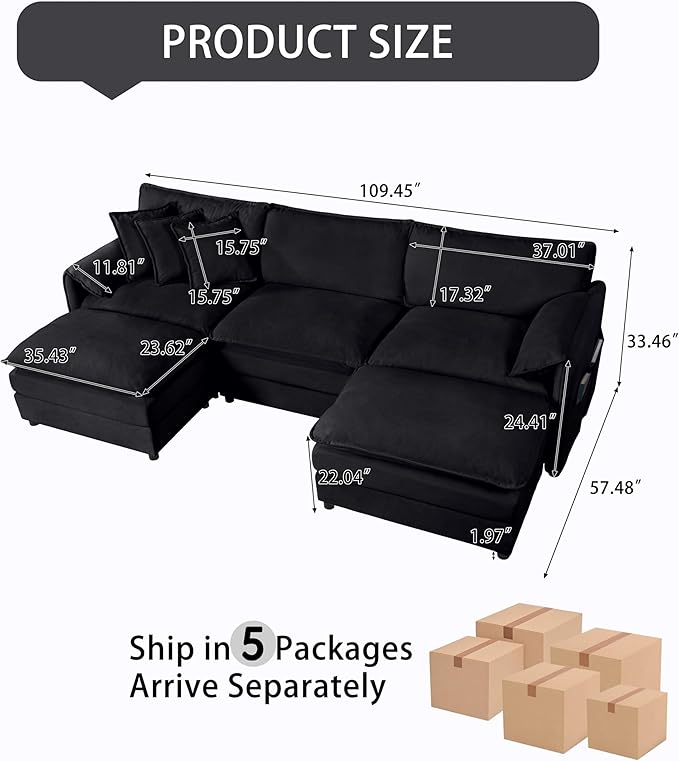 109-Inch U-Shaped Sectional Cloud Sofa Oversized Modular 5 Seaters Sofa Couch with 2 Ottoman Chaise and Pillow Armrest, Chenille Upholstered Convertible Cloud Couch