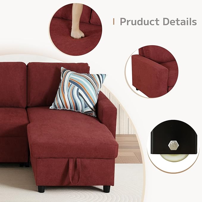 L-Shaped Sleeper Sofa with Chaise Lounge & Storage, Pull-Out Couch Bed with Recliner, Full Size Futon for Living Room, Office, Apartment Red