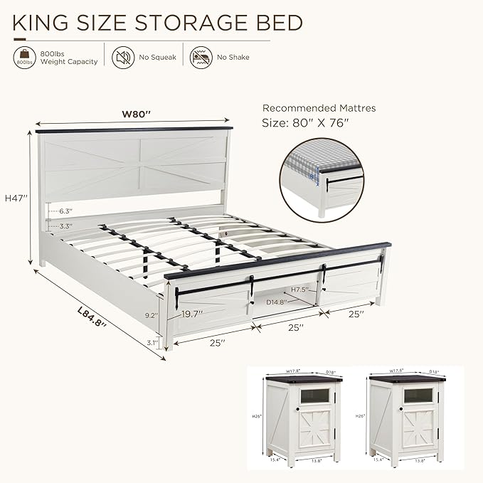 JXQTLINGMU 3 Pieces Farmhouse Bedroom Set-King Size Bed with 2 Nightstands of Sliding Barn Door Storage Cabinets, Solid Wood Slats Support, Noiseless, No Box Spring Needed, Off White