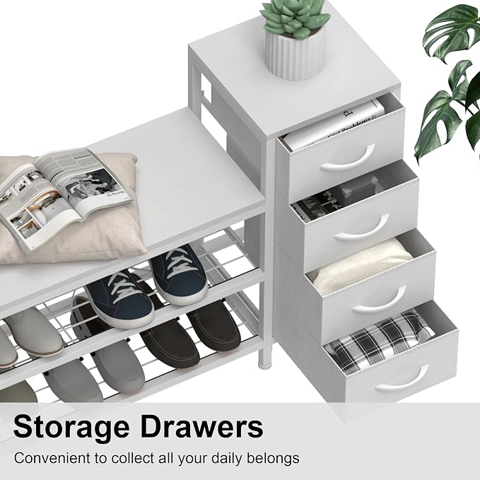 EXOTICA 3-Tier Shoe Storage Bench White Entryway Shoe Rack with 4 Drawers and Seating Shoe Shelf Storage Cabinet for Hallway Front Door Doorway Living Room Mudroom Steel Frame - Image 5