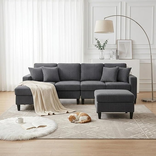 101" L-Shape Modular Sectional Couch, Convertible Corduroy Couch with 2 Ottomans, Modern 4 Seater Upholstered Modular Sectional Sofa for Apartment, Living Room, Dark Gray