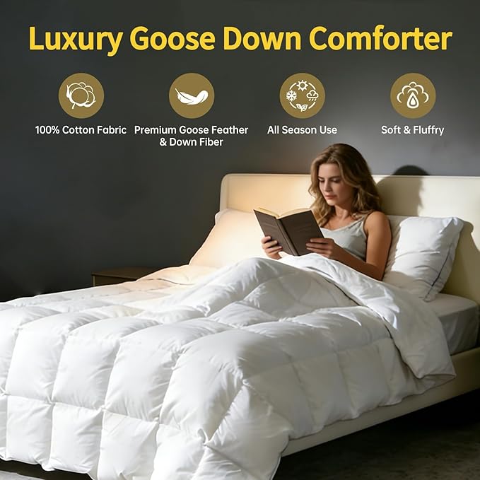 Goose Down Comforters 100% Cotton Shell Queen Size Comforter Luxury Duvet Insert, All Season White Bed Comforter Medium Warmth Goose Down Duvet,430 Thread (Queen 90x90)