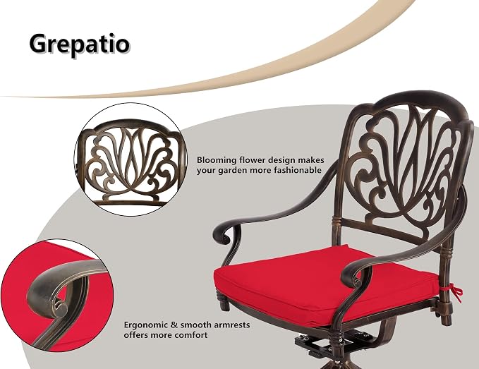 Grepatio 5 Piece Outdoor Dining Set Cast Aluminum Patio Dining Set Table and Chairs Outside Furniture 4 Swivel Chairs with Cushion and 1 Umbrella Round Dining Table for Lawn Garden Patio (Red) - Image 3