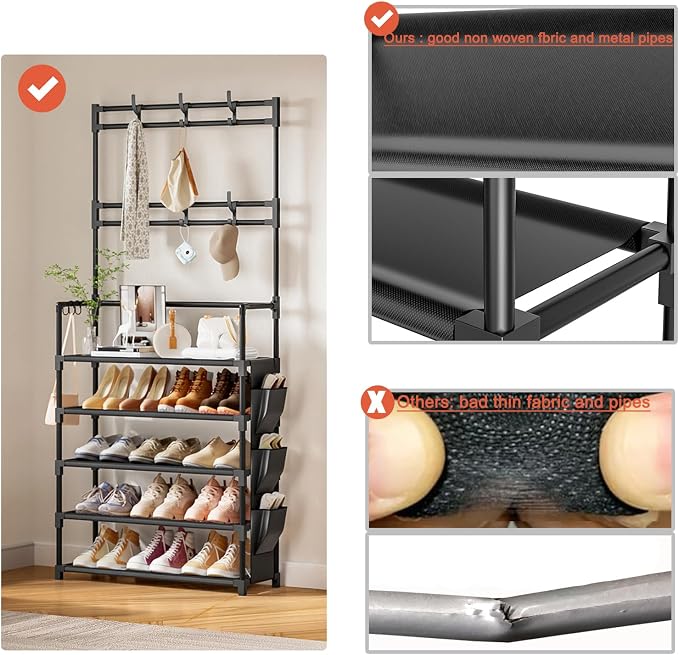 OYREL Shoe Rack 5 Tier Shoe Organizer Storage 15-20 Pairs Shoes Rack for Closet Entrance Shoe Rack Organizer with Hooks and Side Pocket Entryway Shoe Holder Space Saving Free Standing Shoe Racks - Image 5
