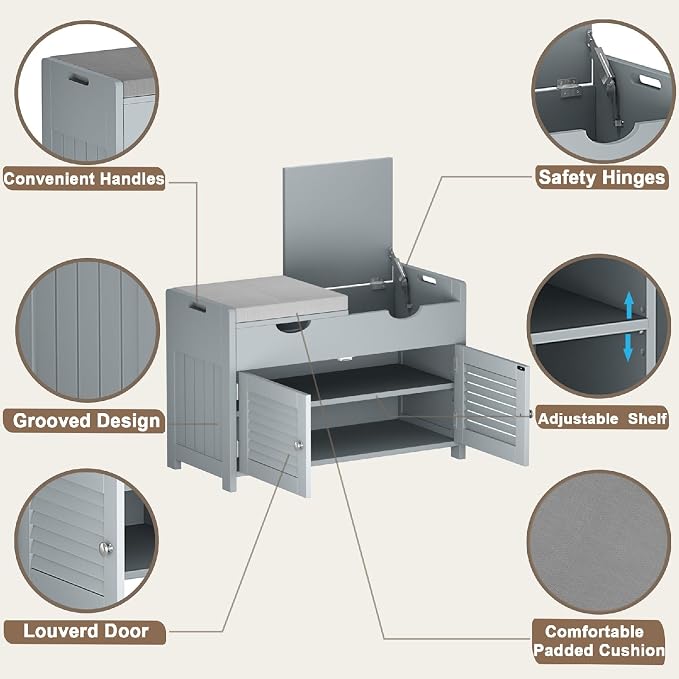 ChooChoo Shoe Storage Bench with Lift Top Storage, Entryway Bench with 2 Cushioned Seats, 3 Compartments, Adjustable Shelf, Shoe Cabinet for Entryway, Bedroom, Living Room, Grey - Image 7