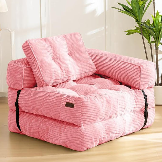 MAXYOYO Folding Sofa Bed, L-Shaped Convertible Sofa Bed with Armrest Foldable Sleeper Sofa with Pillow, Portable Fold Out Chair Bed Comfy Floor Lounge for Living Room Bedroom, Pink