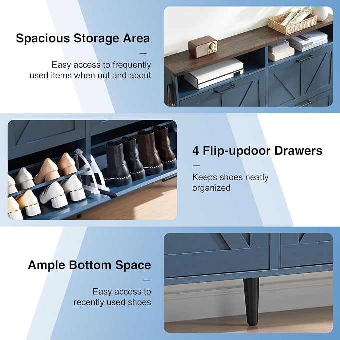 Barnyatoh Shoe Storage Cabinet,Farmhouse Shoe Organizer with 4 Flip Drawers & Barn Door Design,Freestanding Hidden Slim Narrow Shoe Rack Cabinet with Open Shelves for Entryway,Foyer,Hallway,Navy Blue - Image 8