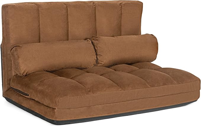 KOMFOTT Adjustable Floor Sofa Bed, Foldable Lazy Sofa Sleeper Bed with 6 Position Backrest & 2 Pillows, Convertible Futon Couch Bed with Suede Cloth Cover, Lounge Recliner for Living Room (Coffee)