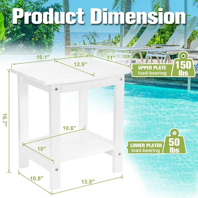 Y&M Outdoor Side Table, HIPS Adirondack Small Double Layer Table, Waterproof Square Outside Table, Balcony Modern End Tables for Patio, Pool, Beach, Porch, Deck, Indoor or Outdoor Use, White - Image 3