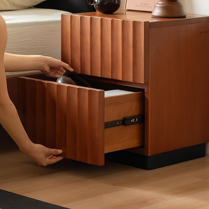 YESWOOD Fluted Nightstand, Solid Wood Nightstand, 2 Drawers Wooden Nightstands, Mid Century Modern Night Stand, Small Night Stands for Bedroom, Modern End Table for Living Room(Teak Color, 19.49" H) - Image 6