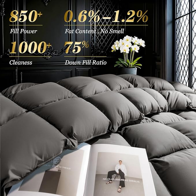 75% Canadian Goose Down Comforter Twin Size, Ultra Soft 100% Cotton Fabric, 850 Fill Power All Season Duvet Insert, Hotel Luxury Bedding Comforters (Dark Gray,90"x68")