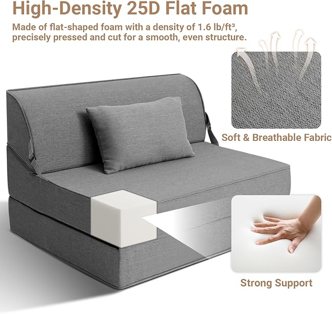 BeBen Folding Sofa Bed Chair, Convertible Sleeper Chair Futon Couch, Foldable Boneless Floor Lounger Sofa, Twin Foam Chair Bed for Small Spaces, Dorm, Guest Room, Living Room, Apartment, Grey