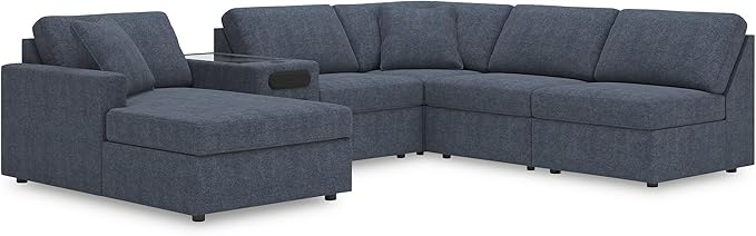 Signature Design by Ashley Modmax Contemporary Stain Resistant Right-Arm Facing 6-Piece Sectional with Chaise, Audio Console, Armrest, Throw Pillows, Reversible Cushions and USB Port, Blue