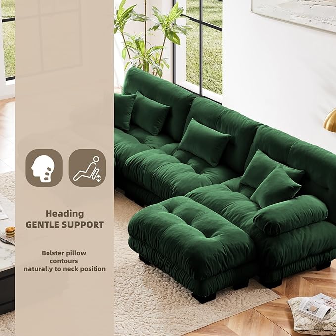 133.8" U-Shaped Cloud Couch, Oversized Modular Sectional Sofa, Deep Seat Cloud Boneless Couch, 3-Seat Modular Sectional Sofa with 2 Ottoman or Living Room,Bedroom and Apartment, Green