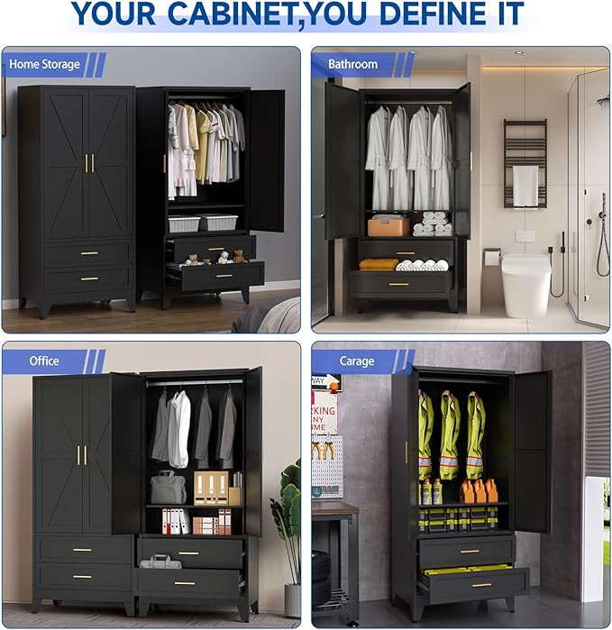 Steel Armoire Wardrobe Closet, 71" Metal Clothing Storage Cabinets with 2 Doors, 2 Drawers and 1 Adjustable Shelf, Black Wardrobe Cabinet with Hanging Rod for Bedroom, Gym