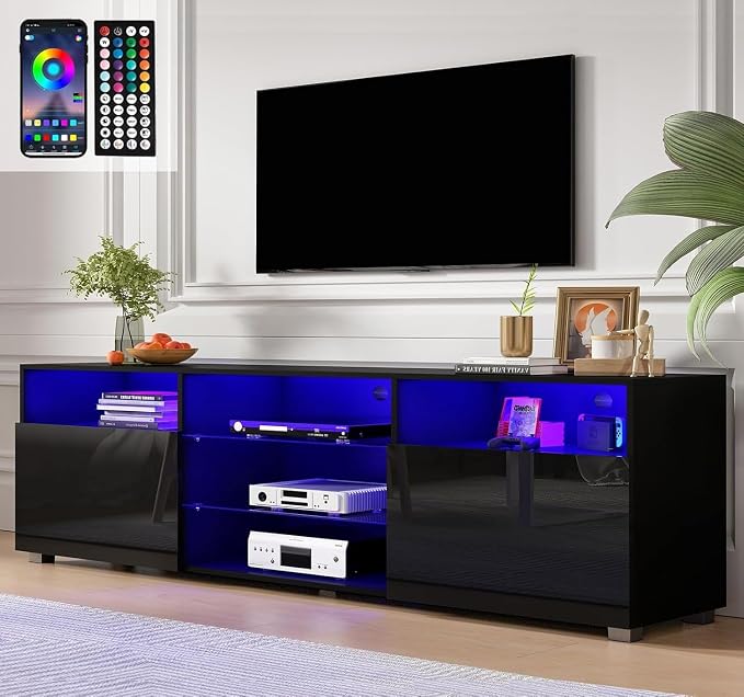 Hlivelood 70" Large LED TV Stand for 65/70/75Inch TV, High Glossy White TV Stand for Living Room,Modern Gaming TV Entertainment Center with Adjustable Storage Shelf,TV Console(Black) - Image 3