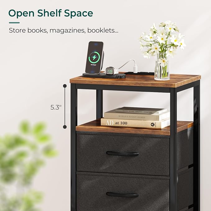 Huuger Nightstand with Charging Station, 27.6 Inch End Table Bedside Table with USB Ports and Outlets, Fabric Drawers, Night Stand for Bedroom, Rustic Brown and Black - Image 3