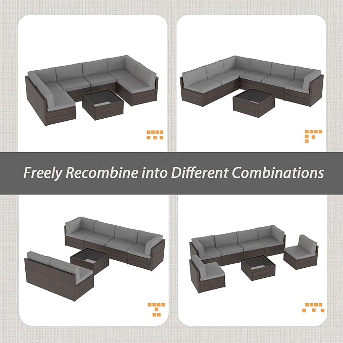 AECOJOY 7 Piece Outdoor Patio Furniture Set, Outdoor Sectional Conversation Furniture Chair with Coffee Table,Patio Sectional for Garden,Backyard(Dark Grey Cushions and Brown PE Rattan)