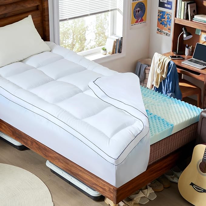 Twin Size 4 Inch Dual Layer Mattress Topper, 2 Inch Fluffy Soft Pillow Top Mattress Pad Cover and 2 Inch Gel Memory Foam for Back Pain Relief, Breathable, Cooling