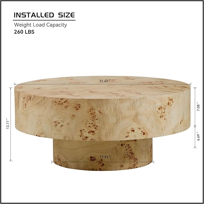 31.49" Round Coffee Table with Burl Wood Veneer & Sturdy Pedestal, Modern Luxury Circle Drum Center Table, Accent Side Table End Table for Living Room Apartment, Natural