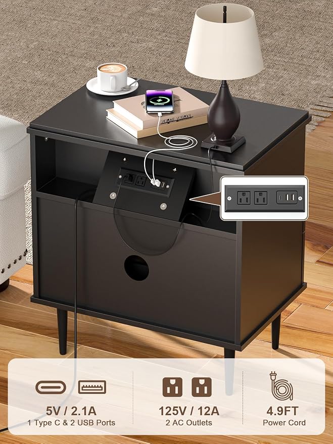 Black Nightstand with Charging Station for Bedroom, Fluted Wooden Bedside Table with 2 Drawers, Open Storage, Gold Metal Handles, Modern End Table Set 1 - Image 6