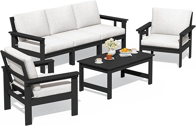 SERWALL HDPE Patio Conversation Set, 6-piece Sectional Outdoor Furniture Set, All Weather Outdoor Couch Set Patio Furniture Set for Deck, Lawn, Black Frame with Khaki Cushion