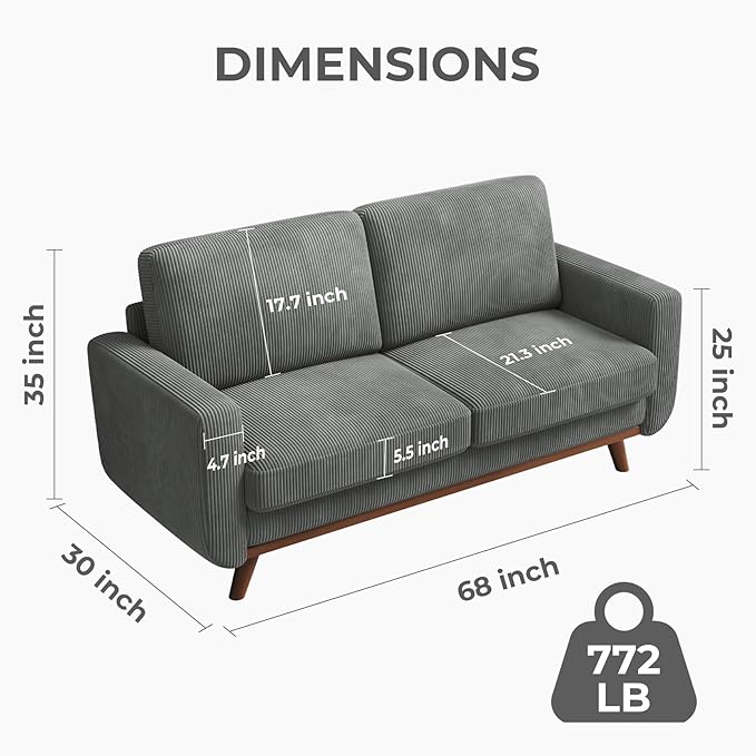 68" Dark Gray Corduroy Loveseat Sofa, Comfy Deep Seat Couch with Spring Cushion & Solid Wood Frame, Modern 2-Seater Sofa for Living Room Bedroom Office