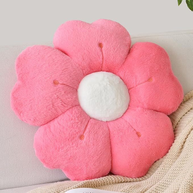 Flower Shaped Pillow, Cute Decorative Throw Pillows with Soft Artificial Rabbit Fur for Couch Bed Chair Floor, Christmas Pillow Seating Cushions with Room Décor for Bedroom (19.6 Inches, Rose Pink)