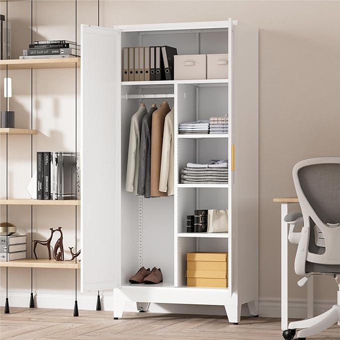 LCAOPC 71" Tall Metal Wardrobe Closet with Adjustable Shelves and Hanging Rod, 2 Doors Office Storage Locker Cabinet for Home, Office, Bedroom, Laundry Room, White