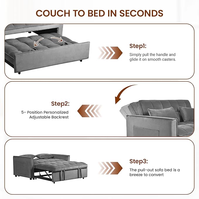 Convertible Sofa Bed 3 in 1 Pull Out Loveseat Sleeper Couch with Adjustable Backrest, Side Pocket, Two Pillows for Apartment, Dorm Room, Bedroom and Small Space | Velvet Fabric
