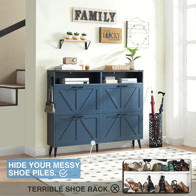 Barnyatoh Shoe Storage Cabinet,Farmhouse Shoe Organizer with 4 Flip Drawers & Barn Door Design,Freestanding Hidden Slim Narrow Shoe Rack Cabinet with Open Shelves for Entryway,Foyer,Hallway,Navy Blue - Image 3