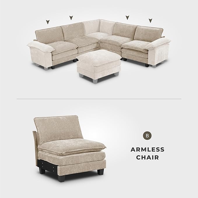 Lexicon Modular Sectional Sofa, Module for Sectional Couch, Armless Chair, Removable Cushion Cover, Soft Upholstery, Durable Frame, Customizable Comfort, Chenille Light Taupe