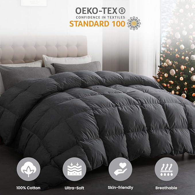 DAICO Goose Feather Down Comforter Full Size, All Season Luxury Hotel Fluffy Duvet Insert, Ultra Soft 100% Cotton Shell with 8 Corner Tabs, Paisley Design (82x90'', Black)