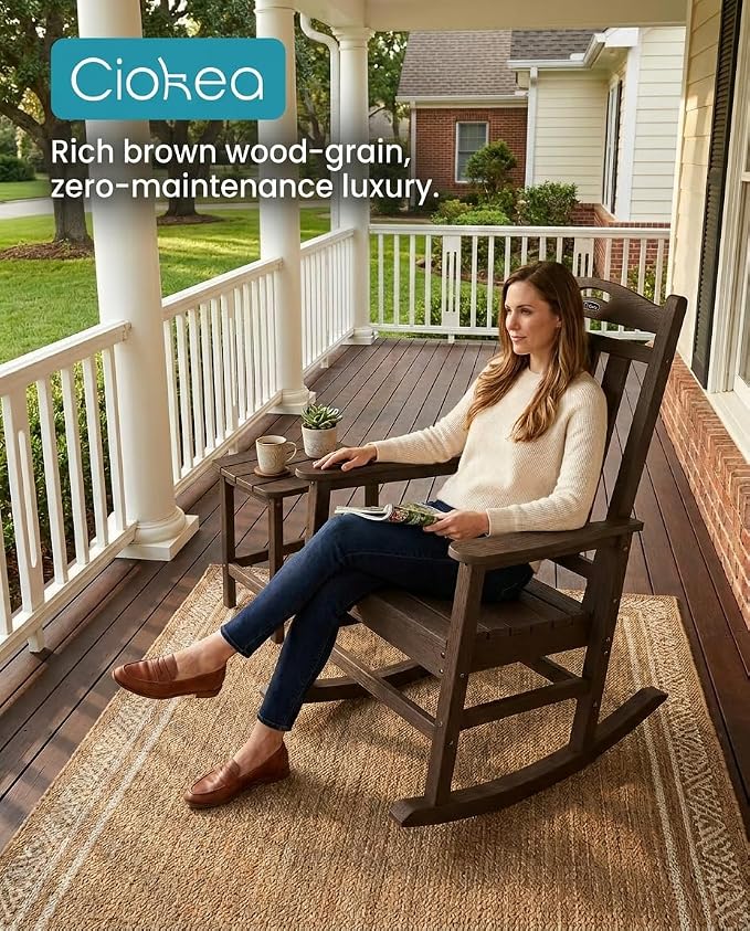 Ciokea Oversized Outdoor Rocking Chair, 380lbs Heavy-Duty Large Patio Rocker, Weather Resistant & Anti-Fade Porch Chair, High Back Cozy Rocking Chair for Outside, Fire Pit, Deck, Garden, Brown - Image 3