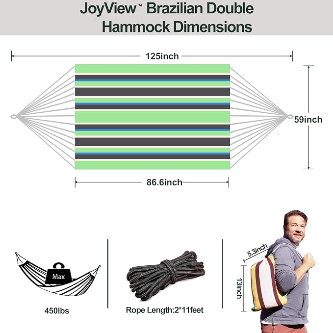 JoyView Brazilian Double Hammock with Hanging Ropes Extra Large 86.6x59” Portable Cotton Hammock for Patio Backyard Porch 450LBS Weight Capacity Perfect for Outdoor/Indoor - Green/Black Stripe - Image 2