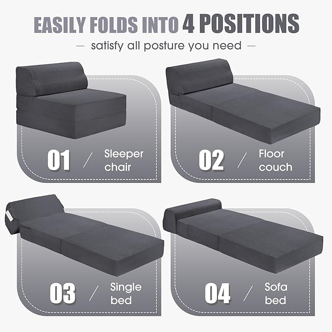 Folding Sofa Bed with Pillow, Memory Foam Fold Out Chair Bed, Convertible Sleeper Chair with Washable Cover, Futon Floor Couch for Living Room/Dorm/Guest Use/Home Office/Apartment, Gray