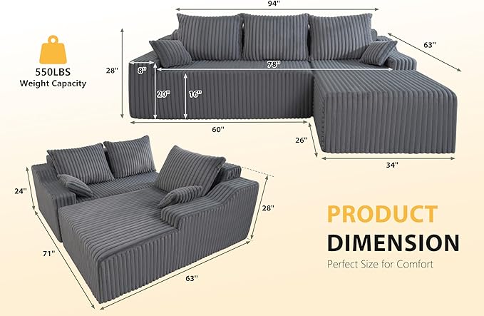 Homguava 94'' Cloud Sectional Couch, Modular L-Shape Couch with Chaise, Boneless Sofa with Deep Seat for Living Room Bedroom,No Assembly Required(Grey,Right Facing Chaise)