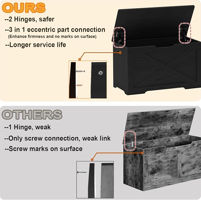 Timberer Storage Chest, Wooden Storage Bench, Entryway Shoes Bench with 2 Safety Hinges, for Living Room, Bedroom, 15.7 x 31.5 x 18.9 Inches, Black - Image 4