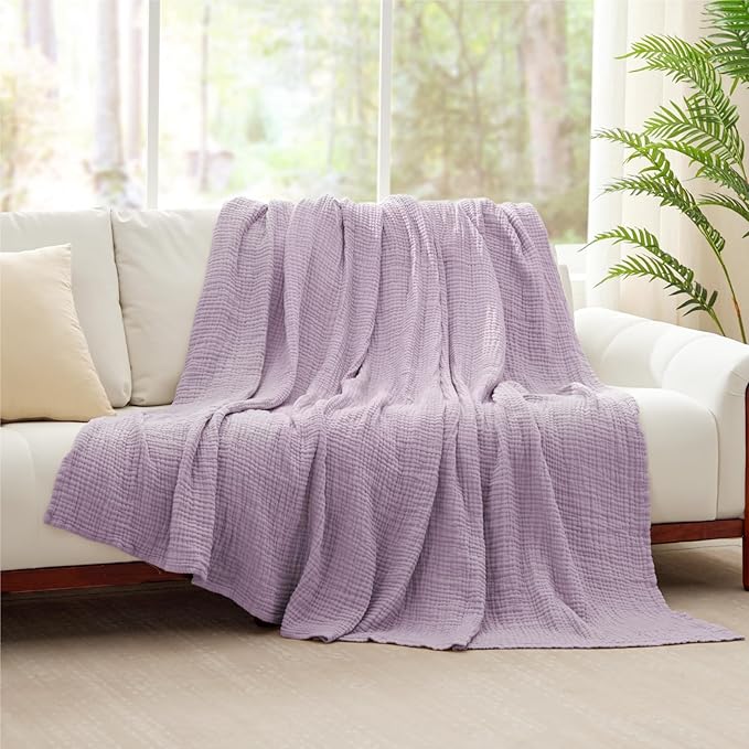 100% Cotton Muslin Blanket Queen 90" x 90", 6 Layers Breathable and Lightweight Cotton Throw Blanket for Bed, Soft Quilt Bedspread Coverlet, Gauze Blanket for Adults All Season, Lavender