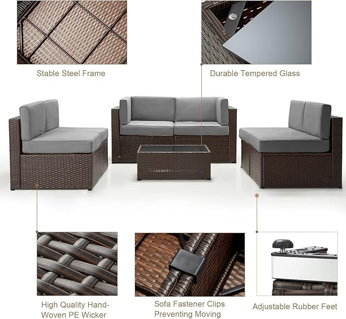 U-MAX 7 Piece Outdoor Patio Furniture Set, PE Rattan Patio Brown Wicker Sectional Furniture Chair Set with Cushions and Tea Table, Brown Rattan and Dark Grey Cushion