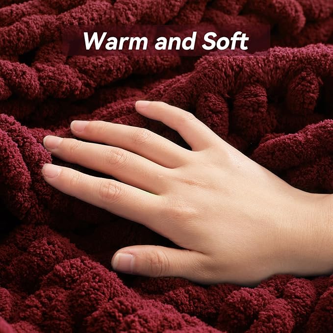 Negwoo Chunky Knit Throw Blanket, 80''*90'' Knitted Throw Chenille Yarn for Bed Couch, Handmade Red Crochet Big Thick Blanket, Machine Washable Cute Comfy Blanket for Home Decor