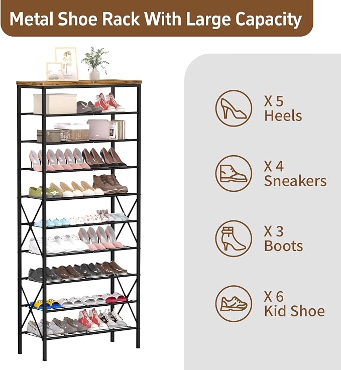 10-Tier Tall Shoe Rack, Large Capacity Shoe Shelf Holds40-45 Pairs, Shoe Shelf for Entryway, Hallway, Living Room, Rustic Brown - Image 4
