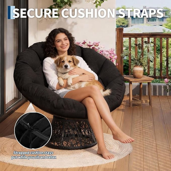 Garvee Papasan Chair, 37" Ergonomic Wicker Papasan Chair with Extra-Thick Soft Fabric Cushion, Heavy-Duty Steel Frame, 360° Swivel Base for Living Room, Bedroom & Reading Nook – All Black