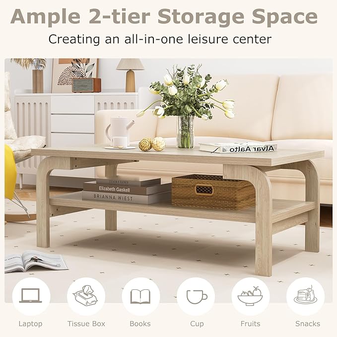 Giantex 2-Tier Coffee Table with Storage, 47” Mid Century Rectangle Accent Table with Open Shelf, Large Tabletop & Curved Legs, Rustic Style Wood Cocktail, Center Table for Living Room, Natural