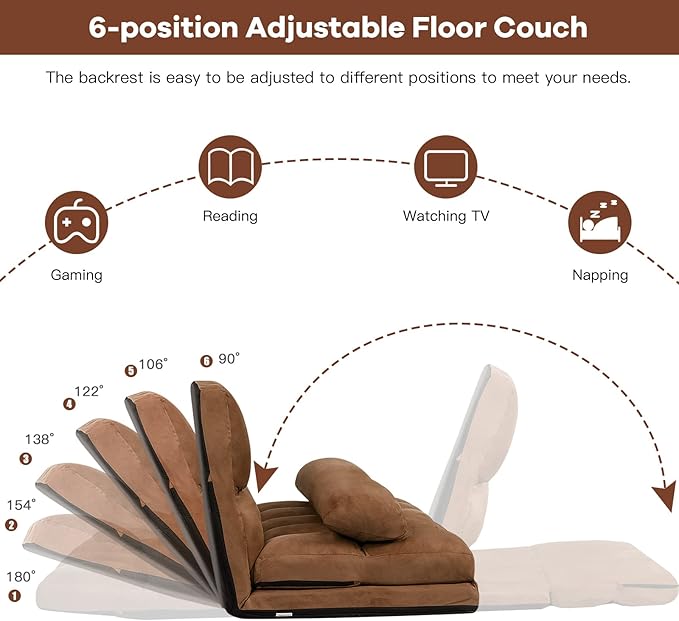 KOMFOTT Adjustable Floor Sofa Bed, Foldable Lazy Sofa Sleeper Bed with 6 Position Backrest & 2 Pillows, Convertible Futon Couch Bed with Suede Cloth Cover, Lounge Recliner for Living Room (Coffee)