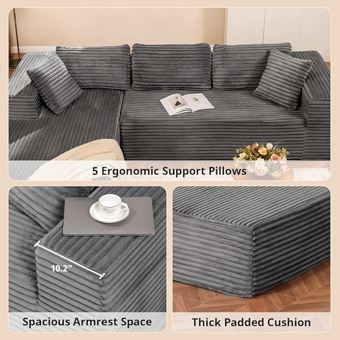 COMHOMA 105”Modular Sectional Sofa with Deep Seat,Cloud Upholstered L-Shape Couch Wide Arms Corduroy Fabric High-Density Foam Chaise Lounge for Living Room No Assembly Required